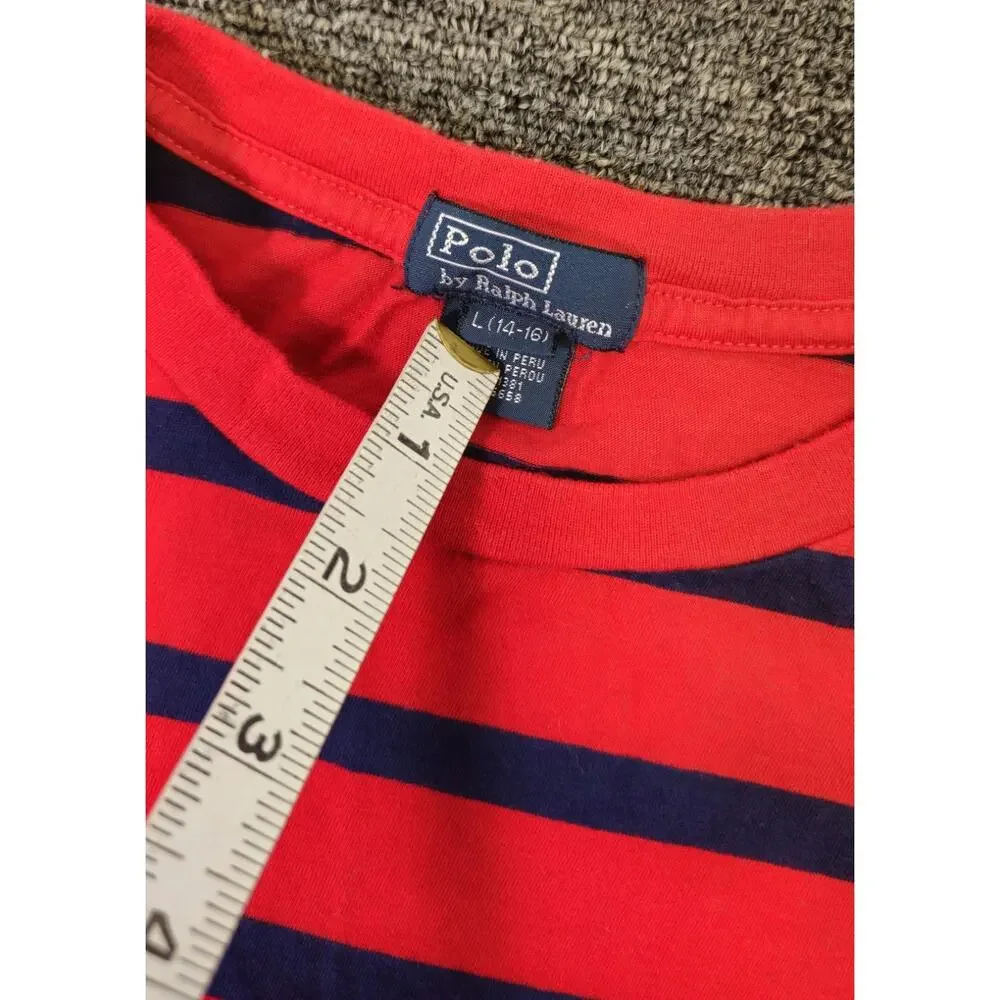Vintage Polo Ralph Lauren Red w Navy Stripes Long Sleeve Shirt Youth Large 14-16